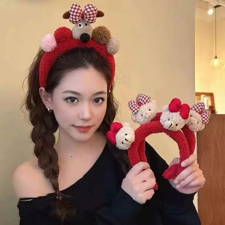 新年款秋冬毛绒蝴蝶结可爱小熊小狗发箍少女洗脸敷面膜压发头箍发