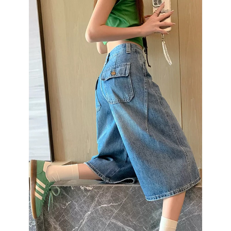 American retro style women's summer high-waisted plus-size slimming loose straight-leg cropped jeans American retro style women's summer high-waisted plus-size slimming loose straight-leg cropped jeans