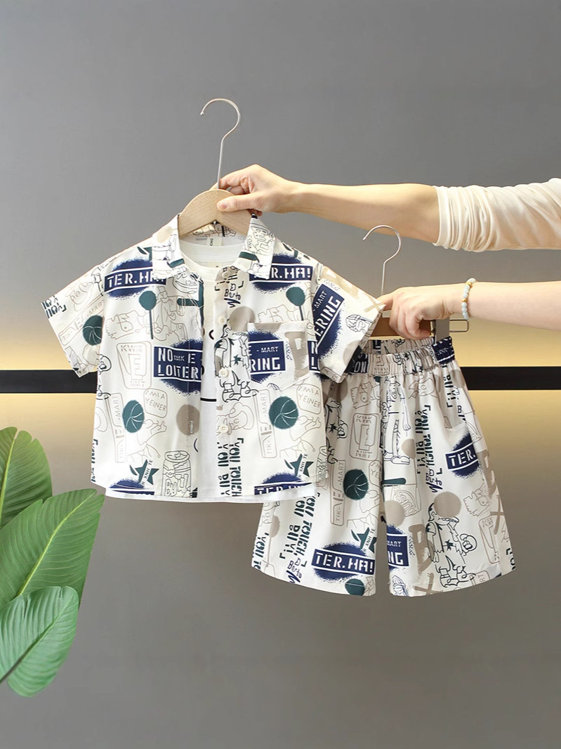 7867 Traje delgado de manga corta para niños, pantalones cortos de verano para niños, chaleco, camisa de bebé de tres piezas, ropa de verano