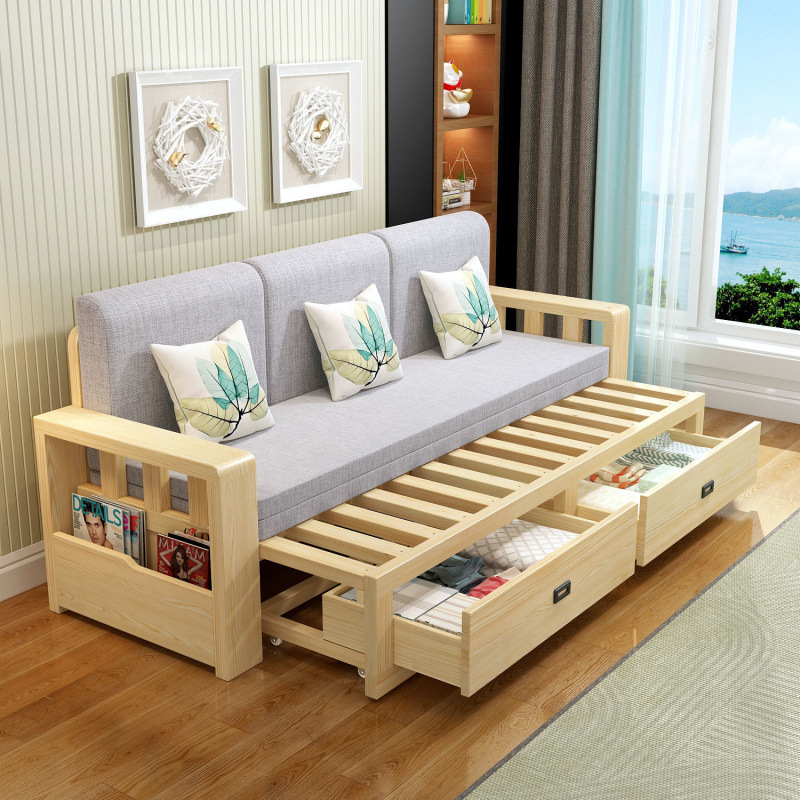 無垢材ソファベッド一体型リビングルーム小型アパート折りたたみ式プッシュプルソファシンプルモダン収納付き|undefined
