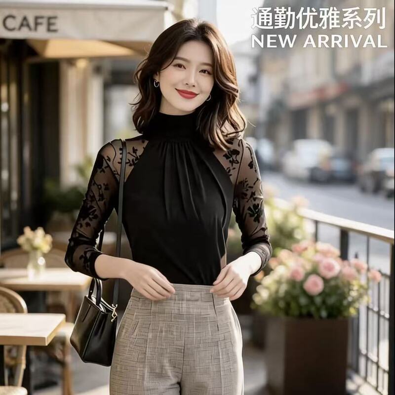 Feminine black high-neck lace camisole with sheer flocked mesh long sleeves, stretchy, slimming, and suitable for layering in the office Feminine black high-neck lace camisole with sheer flocked mesh long sleeves, stretchy, slimming, and suitable for layering in the office