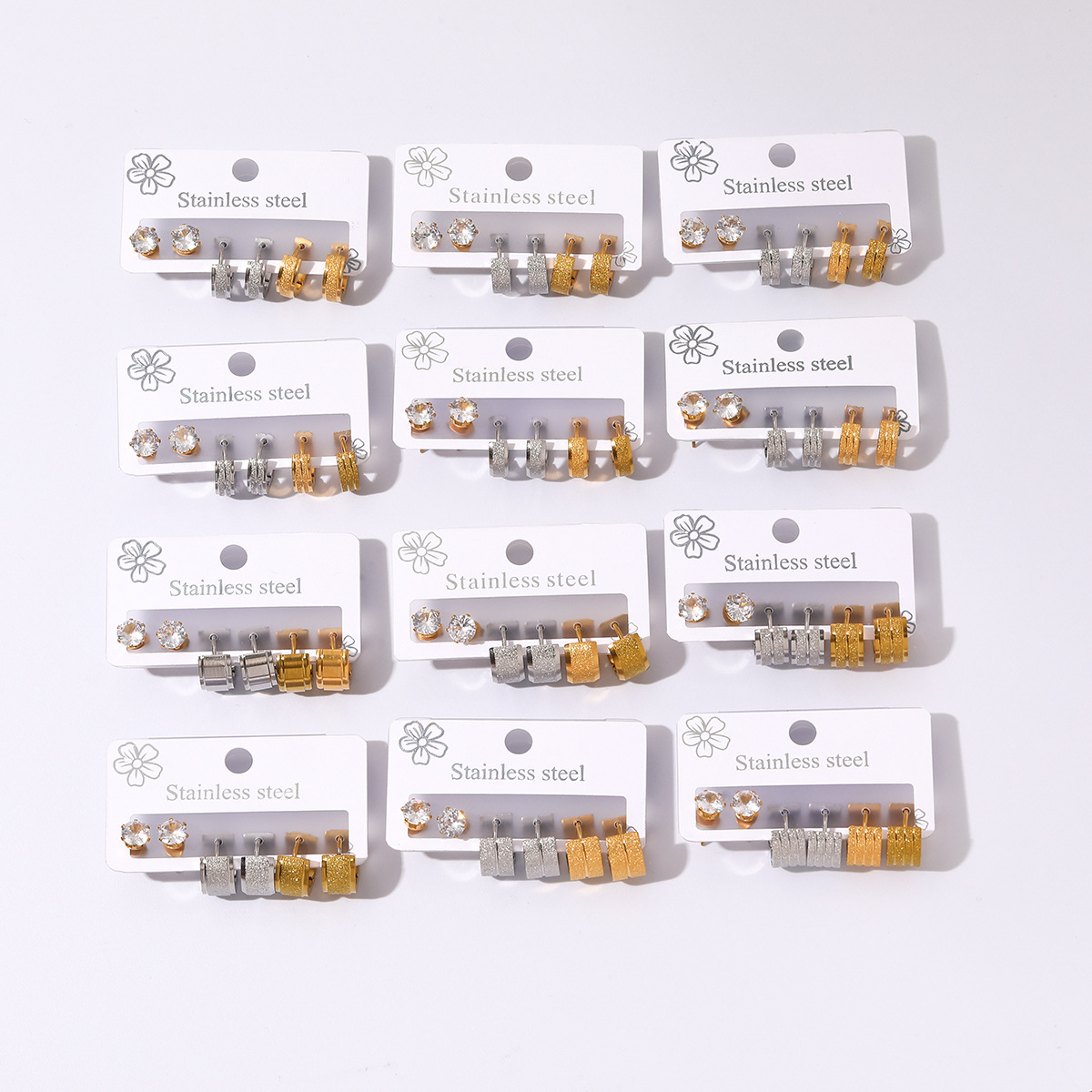 跨境新款不锈钢一卡三耳环女小众高级感设计镶钻几何耳钉耳饰饰品