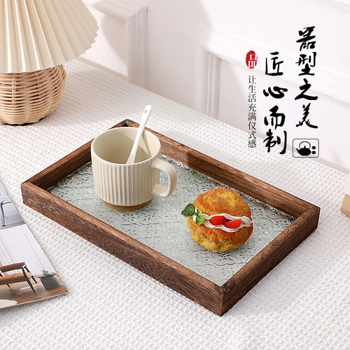 Cross-border Japanese retro cherry blossom pressed glass tea tray, solid wood rectangular storage tray, photography prop, decorative piece