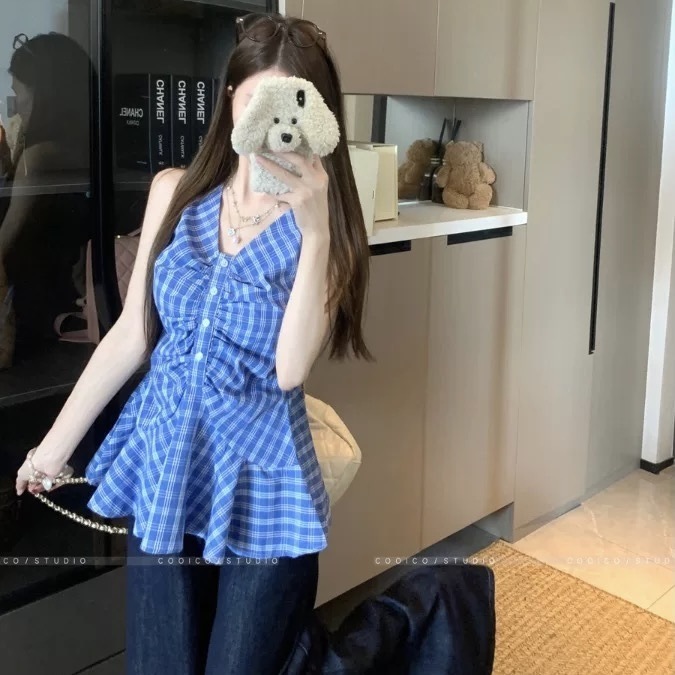 韩系蓝色格纹无袖吊带衬衫女夏季新款法式小众设计感显瘦宽松上衣|undefined