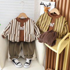 兒童裝男童寶寶秋冬季小熊外套三件套長袖加絨衛衣薄絨長褲棉批發