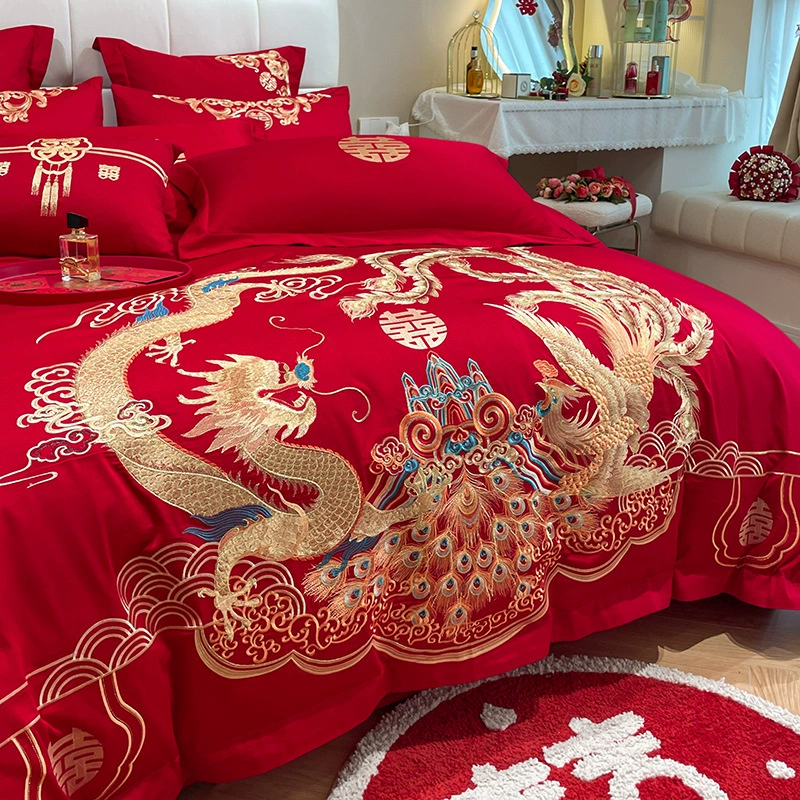 Новый приятный для кожи матовый свадебный набор из четырех предметов с вышивкой дракона и феникса праздничный красный простой свадебный номер постельное белье Свадебная Простыня