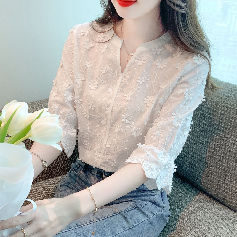 Women's Shirt 2026 Summer New Style Embroidered White Shirt with Bell Sleeves Fairy-Like Girl's Top