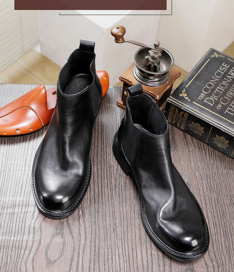 Men's thick soled cowhide leather shoes high-top slip-on ankle boots round head leather breathable_voghion.com