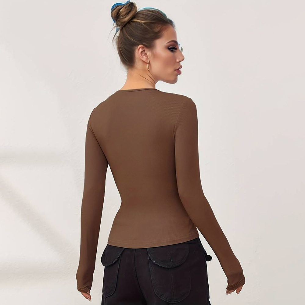 Voya Women's Simple And Versatile T-shirt For Spring And Summer Casual Commuting, Long Sleeved Slim Fit Solid Color Top For Interior Wear_ecoleips.com