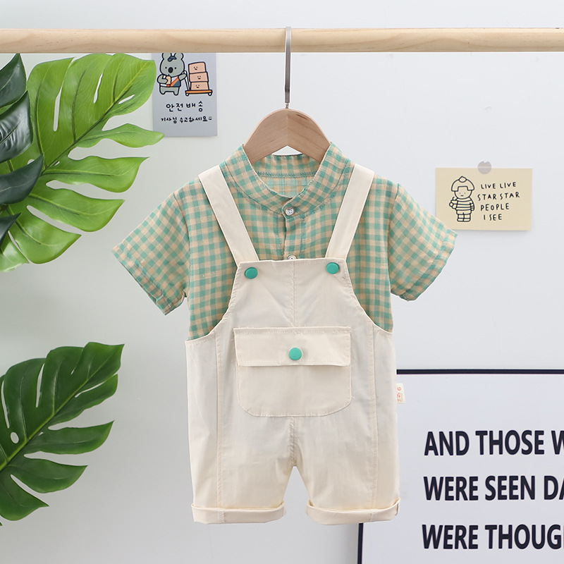 男童背帶褲2021年新款夏裝韓版寶寶格子襯衫背帶褲兒童短套