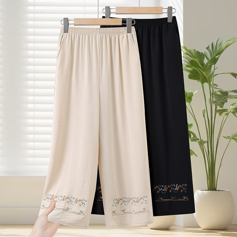 Summer New Style Loose Wide-Leg Pants for Middle-Aged and Elderly Women, Embroidered Casual Pants, Plus Size, High-Waisted, Slimming Women's Pants Summer New Style Loose Wide-Leg Pants for Middle-Aged and Elderly Women, Embroidered Casual Pants, Plus Size, High-Waisted, Slimming Women's Pants