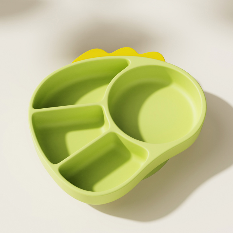 Placa de comedor de rejilla dividida de silicona para niños, tazón de adyuvante de dinosaurio de dibujos animados de grado alimenticio para entrenar al bebé para comer y separar la vajilla