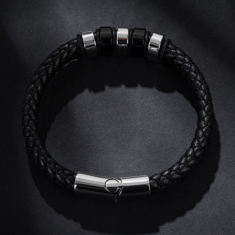 Fashion Geometric Stainless Steel Pu Leather Knitting Unisex Bracelets
