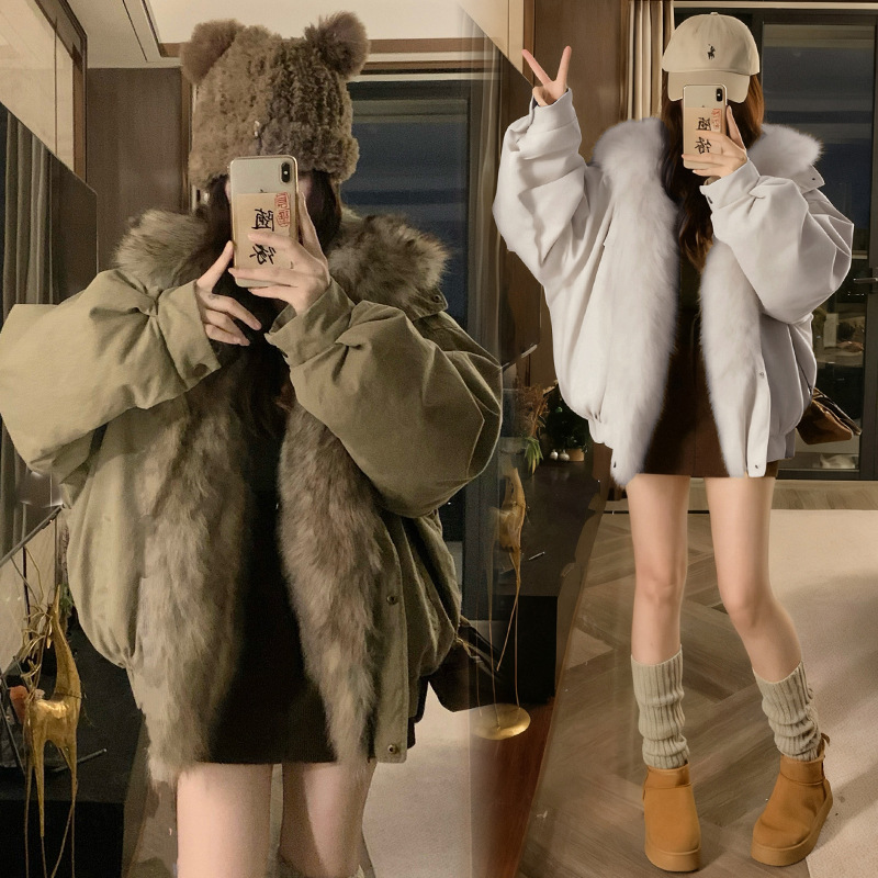 实拍黑色重工拼接毛毛棉服女冬季正反两穿百搭加厚仿皮棉衣外套