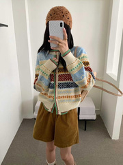 韩系复古提花圆领针织开衫女秋季新款宽松慵懒风软糯毛衣外套上衣