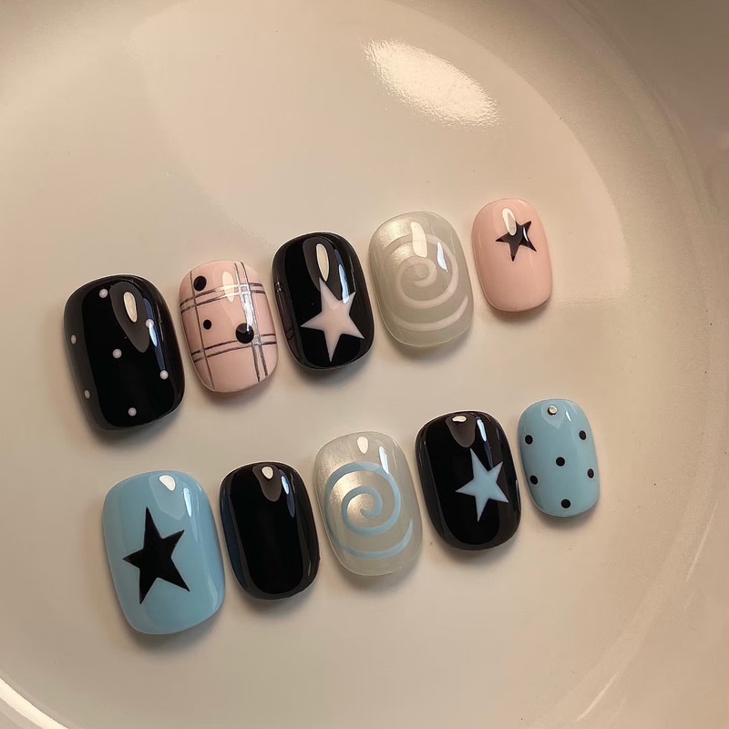 【Made in Shenzhen】Plaid Swirl Purely Handmade Wearable Nail Art Whitening Nail Stickers Nail Patches