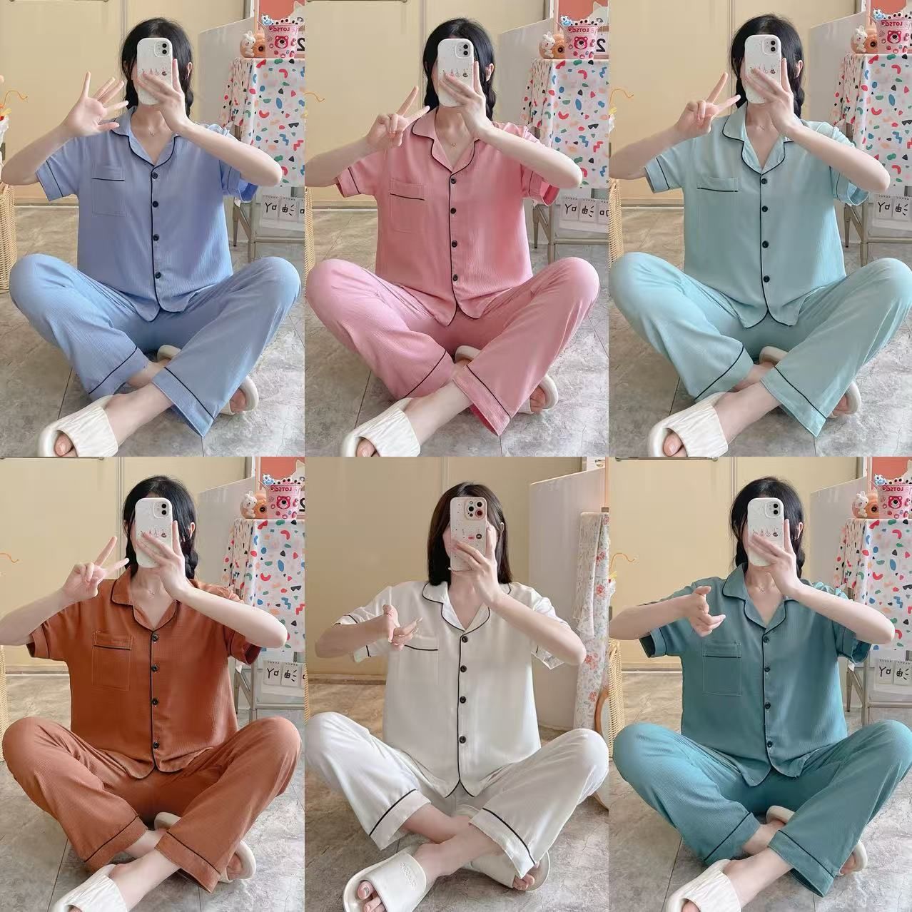 Comercio exterior transfronterizo al por mayor pantalones de manga corta pijamas mujeres verano espuma fina color sólido cardigan solapa traje de servicio a domicilio