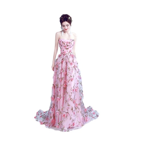  Evening Dress for women girls Pink Flower Lace Bra singer host Performance Dress Bride Wedding Banquet Annual Meeting cocktail party  banquet Dress