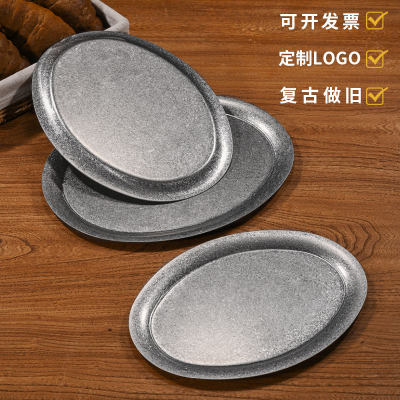 Estilo japonés retro oval placa 304 bandeja de restaurante de acero inoxidable Placa de postre Placa de toalla fondo plano apenado logotipo personalizado