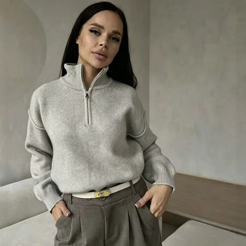 Cross-Border Foreign Trade New Style Half-Zip Stand-Up Collar Sweater for Women, Autumn and Winter Loose Short Style Solid Color Thick Simple Pullover Sweater
