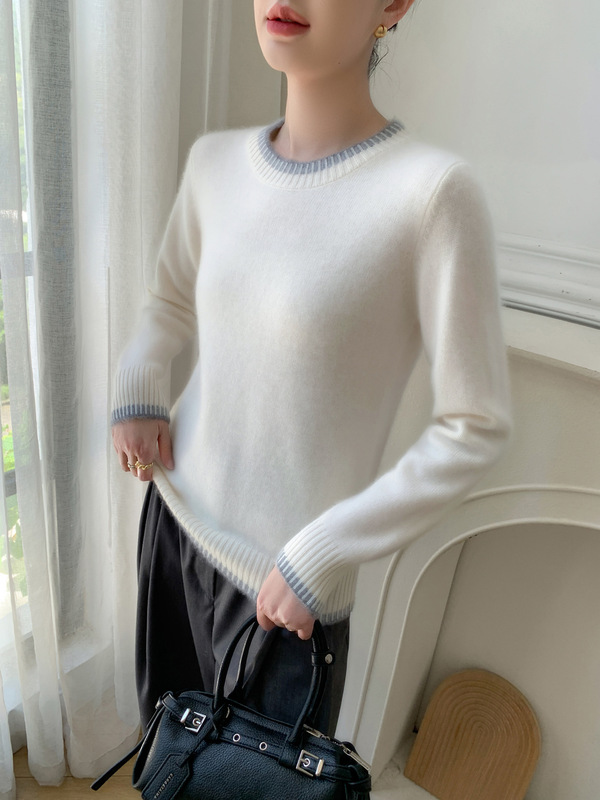 2025秋冬新款温柔软糯拼色山羊绒女加厚保暖毛衣圆领套头羊毛针织|undefined