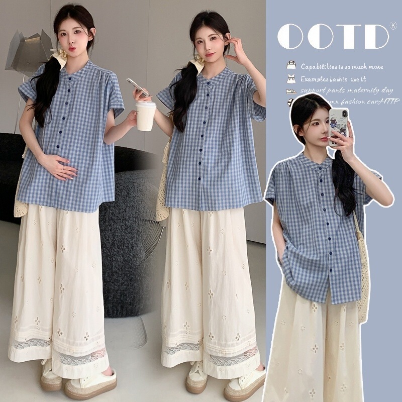 French Light Blue Plaid Short-Sleeved Shirt Summer New Maternity Wear Large Size Fresh Niche High-End Chic Mid-Length