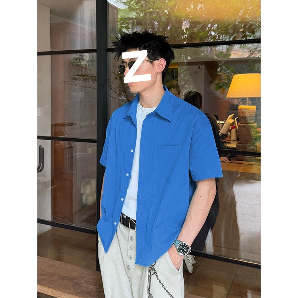 克莱因蓝短袖衬衫男感痞帅韩版潮流百搭翻领半袖衬衣外搭开衫