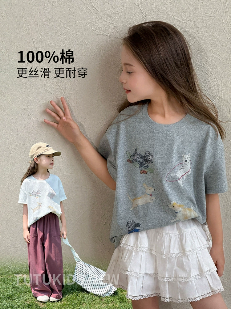 ГGirls short-sleeved 2025 summer new children's clothing cartoon printed short-sleeved children's cotton comfortable tops