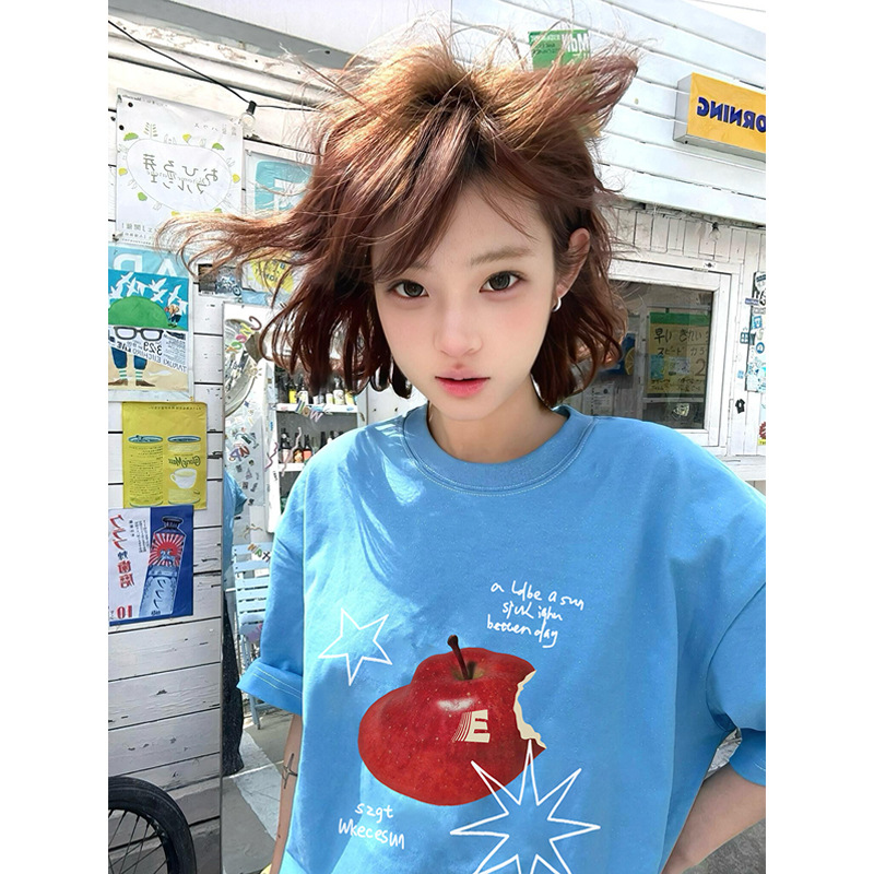 Blue cotton summer retro design short sleeve T-shirt