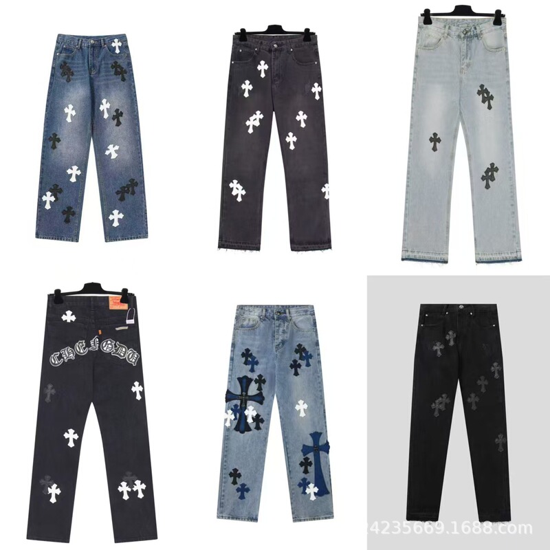 Cross-Border Chrome Hearts American-Style Casual Fashion Cross-Embroidered Washed Vintage Jeans Cross-Border Chrome Hearts American-Style Casual Fashion Cross-Embroidered Washed Vintage Jeans