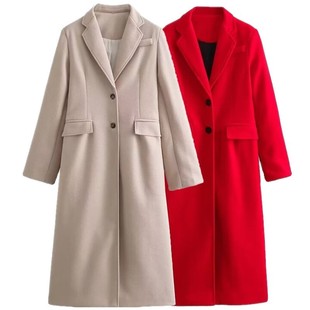 European and American style 2024 autumn and winter new red long version minimalist commuter leisure lapel long sleeve slim fit coat coat