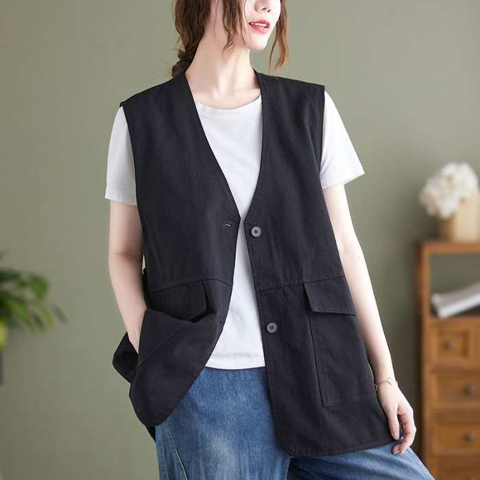Ropa de primavera nueva literatura y arte universal relajado comercio exterior retro sin mangas cuello en V medio largo chaleco clip chaqueta mujer image 5