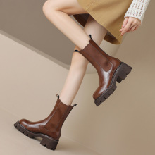 舒服不累脚显高又好搭粗高跟里外全皮烟筒靴2023冬厚底牛皮短靴女