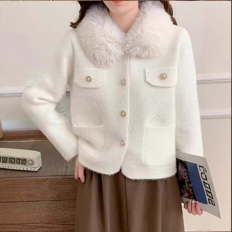 Imitation Mink Fur Sweater Jacket for Women, New Spring and Autumn Style, High-End Feel, with Fur Collar, Double Pockets, Pearl Buttons, Knitted Cardigan Imitation Mink Fur Sweater Jacket for Women, New Spring and Autumn Style, High-End Feel, with Fur Collar, Double Pockets, Pearl Buttons, Knitted Cardigan