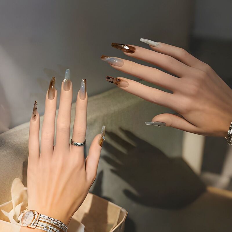 Handmade Nails, Simple Gradient French Style, Leopard Print Cat Eye Manicure, Autumn and Winter New Style, Brown Amber Nail Stickers