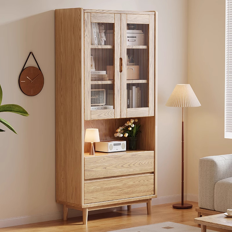 Solid Wood Bookcase with Glass Door Living Room Home Display Cabinet Modern Simple Children's Bookshelf Floor-Standing Wall Storage Cabinet