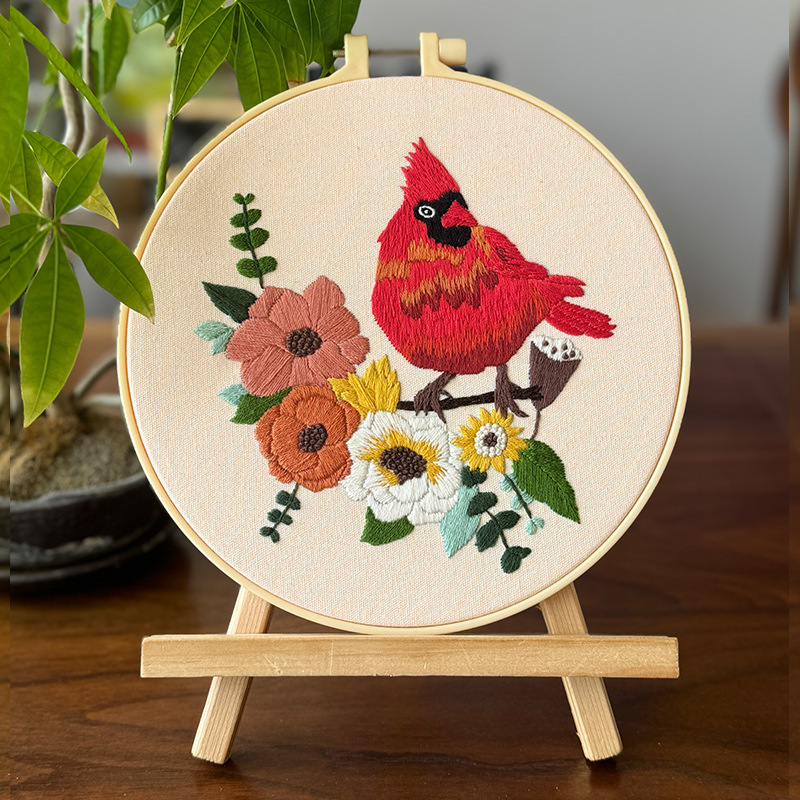 Lu bordado cardenales cuadros colgantes paquete de material de bricolaje bordado a mano flores tridimensionales pájaro animal tela tela punto de cruz pintura pequeña