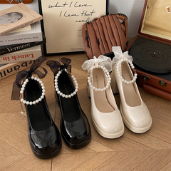 Hollywood Star Mini White French High Heels Women 2023 New Summer Pearl Retro Thick Heel Mary Jane Shoes
