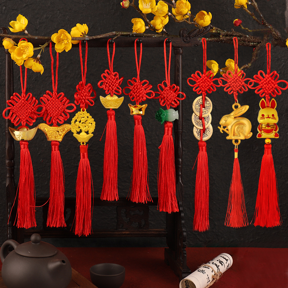 New Chinese knot New Year blessing bucket handmade small hanging ornament red festive decoration wealth charm ingot copper coin tassel pendant