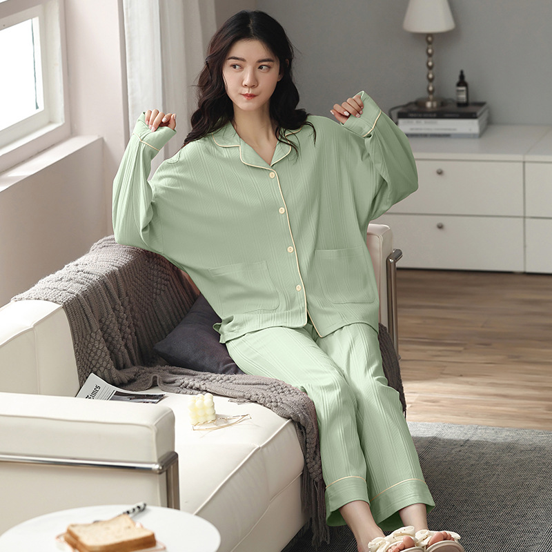 长袖睡衣女秋冬天卡通可爱开衫小翻领家居服可外穿网红风仿棉套装