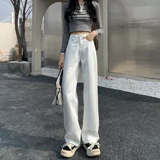 美式白色韩版阔腿牛仔裤女春季高腰宽松显瘦直筒高个子百搭拖地裤