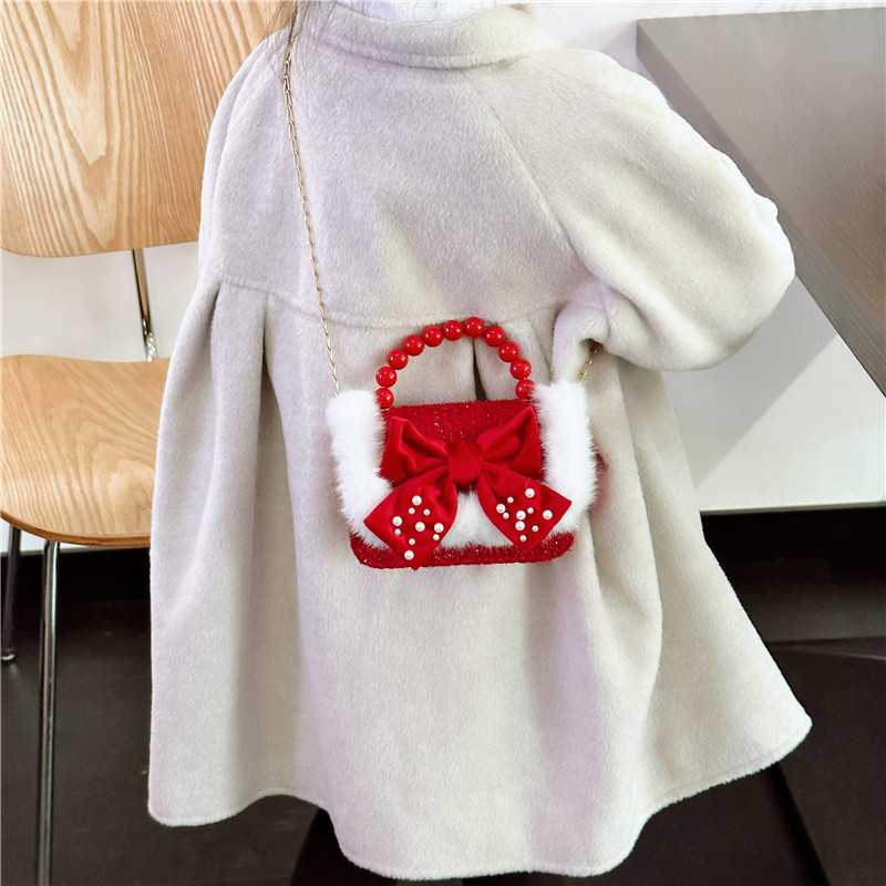 Bolsa de moda de perlas para niños otoño y invierno Año Nuevo para niñas bolsas de hombro de tela arco