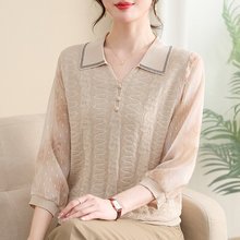 中年妈妈春装洋气翻领上衣纱袖小衫中老年女春夏薄T恤冰丝打底衫
