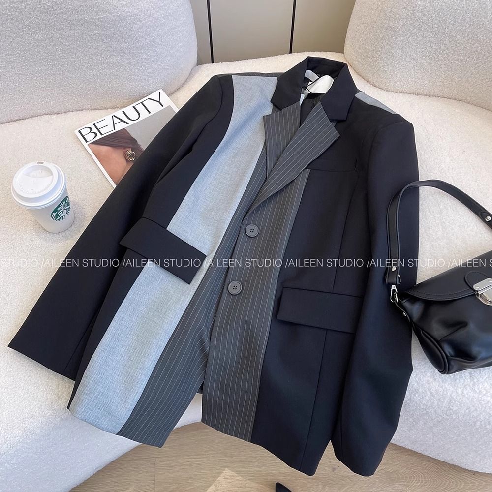 Plus Size Blazer for Women with Unique Design, 2025 Autumn New Korean Fashion Spliced Elegant Suit Jacket
