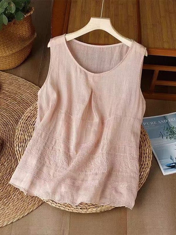 夏の女性用コットンとリネンの刺繍入りキャミソール、スリムなノースリーブのアウターウェアとインナーウェア、大きいサイズのコットンとリネンのボトムシャツトップ|undefined