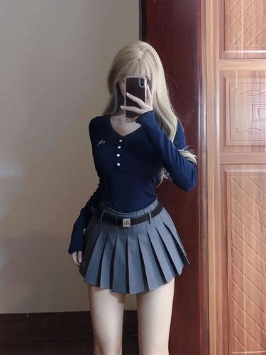 [260g rayon modal] Retro embroidered button long-sleeved T-shirt for women sweet hottie slim-fitting top American style