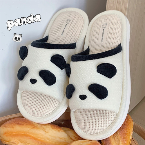 Japanese ins cute cartoon panda four-season universal linen slippers for women soft-soled home casual floor cotton and linen shoes