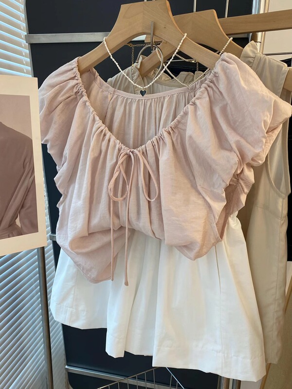 French-Style Light Luxury High-End Pink Lace-Up Shirt for Women, Summer 2025 New Model, Unique and Elegant Top French-Style Light Luxury High-End Pink Lace-Up Shirt for Women, Summer 2025 New Model, Unique and Elegant Top