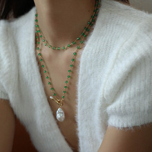 民族風串珠項鏈綠瑪瑙巴洛克珍珠項鏈優雅氣質多層長款項鏈