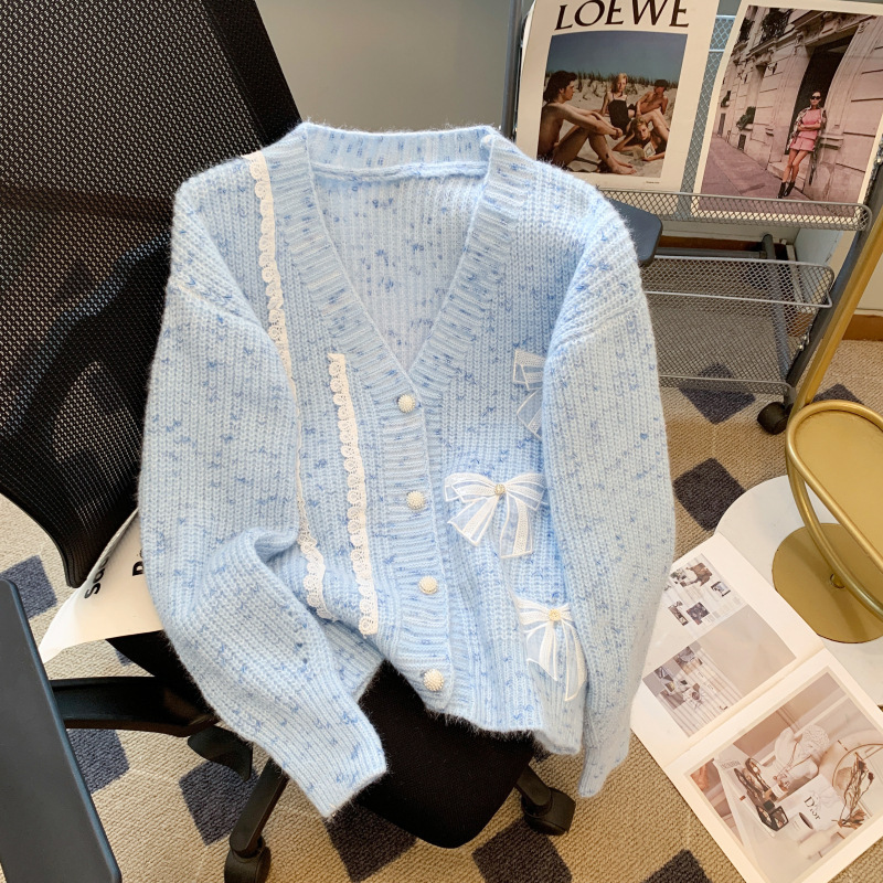 Korean Autumn and Winter New Style Gentle and Fresh Loose Knitted Sweater Jacket Lazy Style Lace Bow Knitwear Cardigan for Women